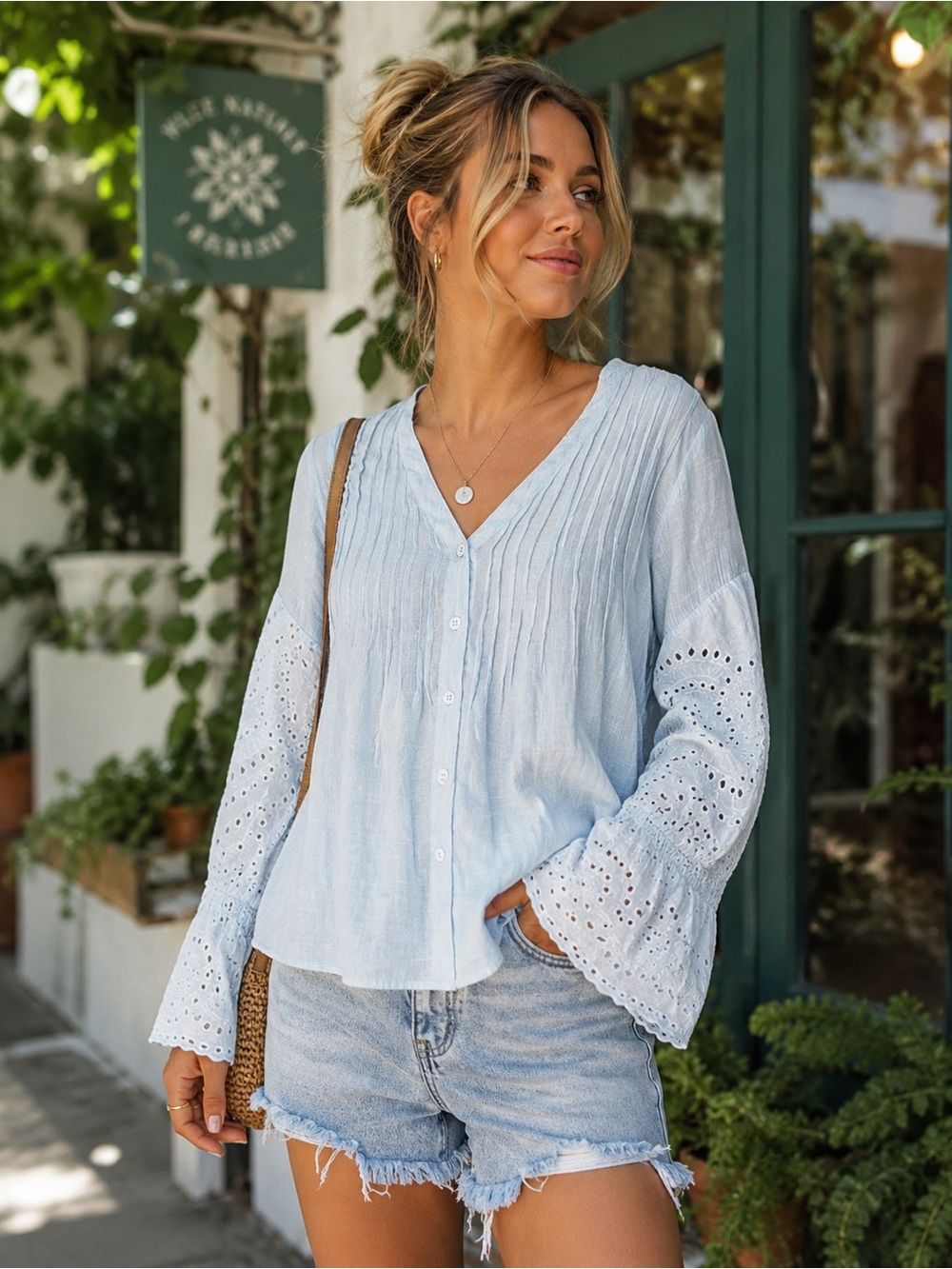 76C. Light Blue Button-Down Eyelet Sleeve V-Neck Blouse